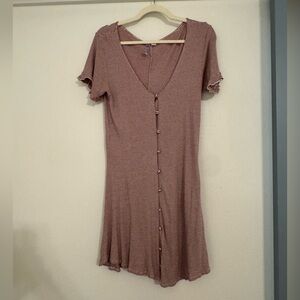 Francesca’s Mauve Striped Button Front Ribbed Knit Scoop Neck Dress- Medium
